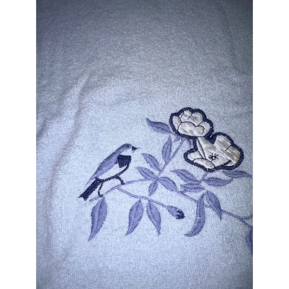 Vintage Style Blue Embroidered Bird and Floral Bath Towel with Fringe Hem